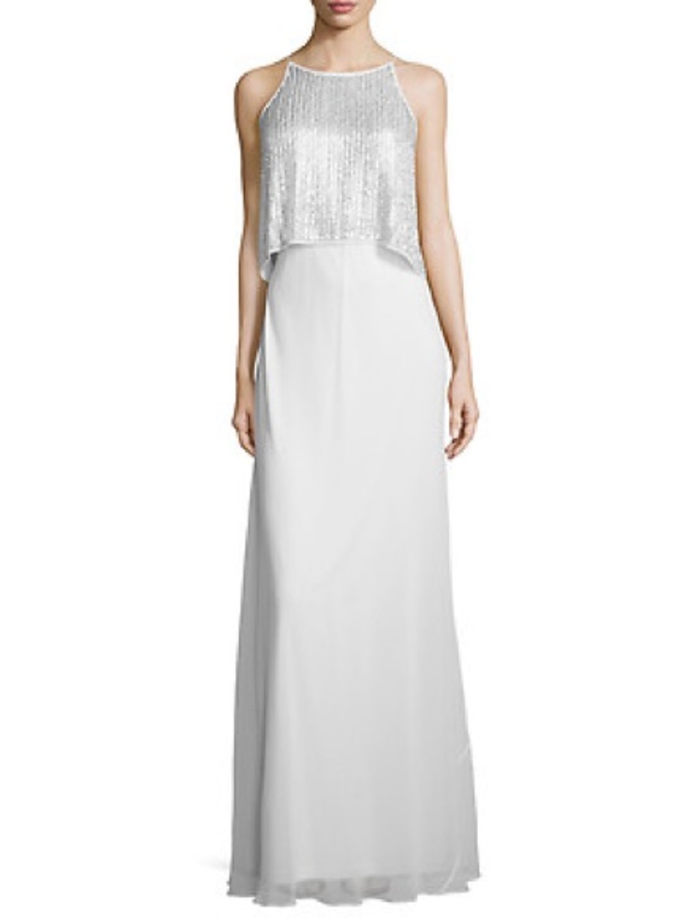 Aidan Mattox Silver Sequin Halter White Maxi Gown